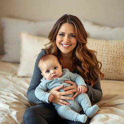 A smiling woman with long, wavy hair and soft makeup sits on a beige bedspread, gently holding a baby