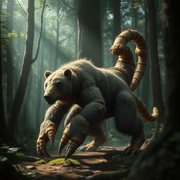 a mythical creature that combines the features of a bear and a scorpion, with the body and fur of a bear, but the claws and tail of a scorpion