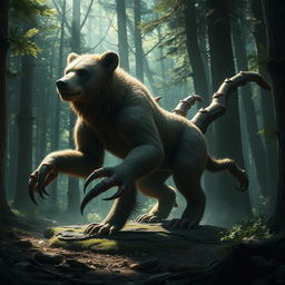 a mythical creature that combines the features of a bear and a scorpion, with the body and fur of a bear, but the claws and tail of a scorpion