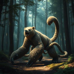 a mythical creature that combines the features of a bear and a scorpion, with the body and fur of a bear, but the claws and tail of a scorpion