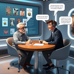 ChatGPT sitting at a virtual table, interviewing an accomplished author