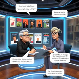 ChatGPT sitting at a virtual table, interviewing an accomplished author