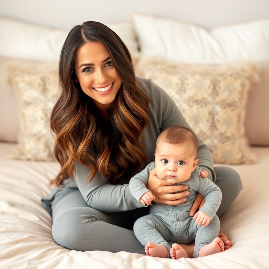 A smiling woman with long, wavy hair and soft makeup sits on a beige bedspread, gently holding a baby