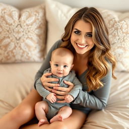 A smiling woman with long, wavy hair and soft makeup sits on a beige bedspread, gently holding a baby