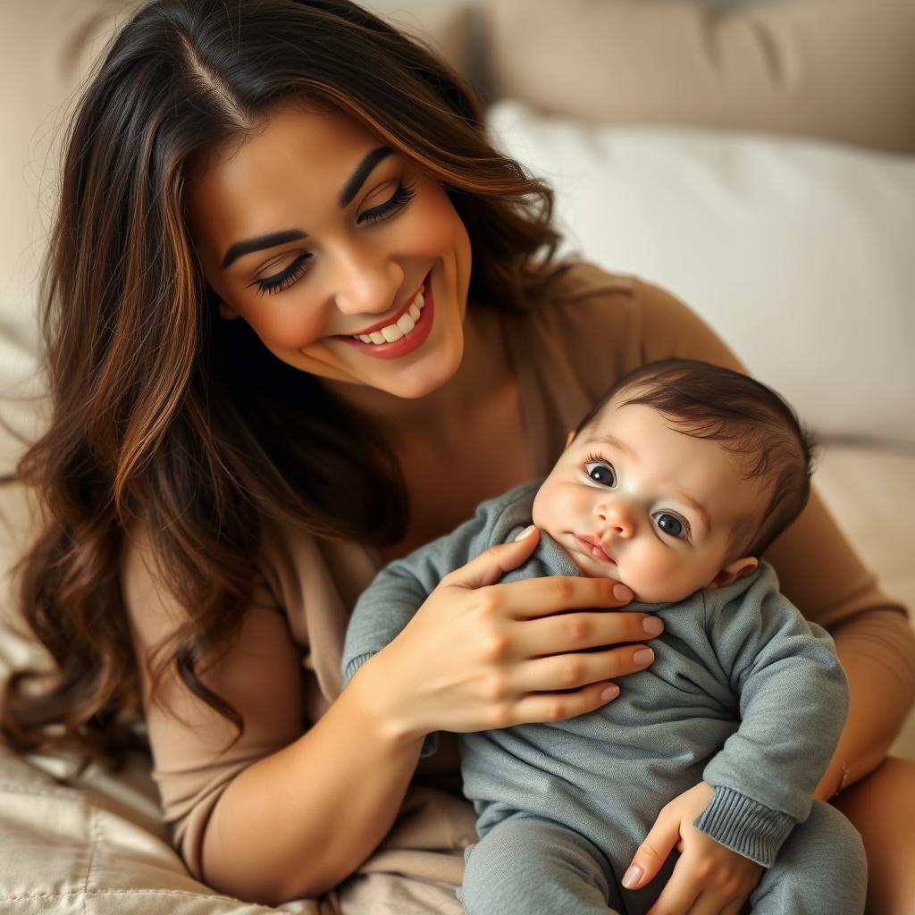 A smiling woman with long, wavy hair and soft makeup sits on a beige bedspread, gently holding a baby