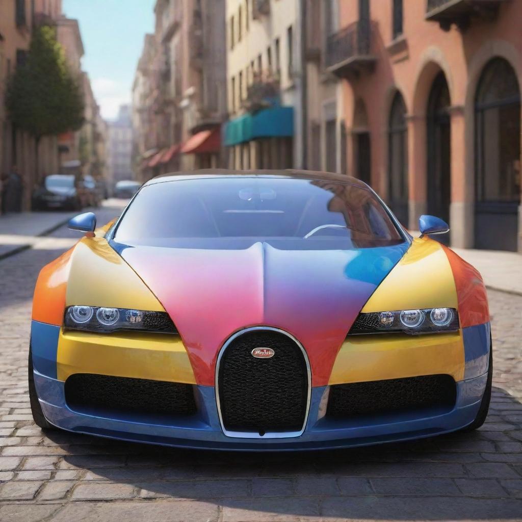 A Bugatti car in Pixar animation style, full of vibrant colors and exaggerated playful features, while still being clearly recognizable as a Bugatti.