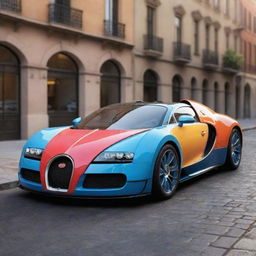 A Bugatti car in Pixar animation style, full of vibrant colors and exaggerated playful features, while still being clearly recognizable as a Bugatti.