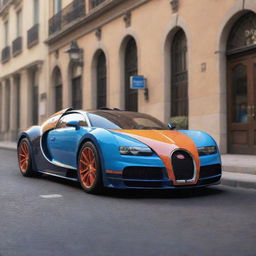 A Bugatti car in Pixar animation style, full of vibrant colors and exaggerated playful features, while still being clearly recognizable as a Bugatti.