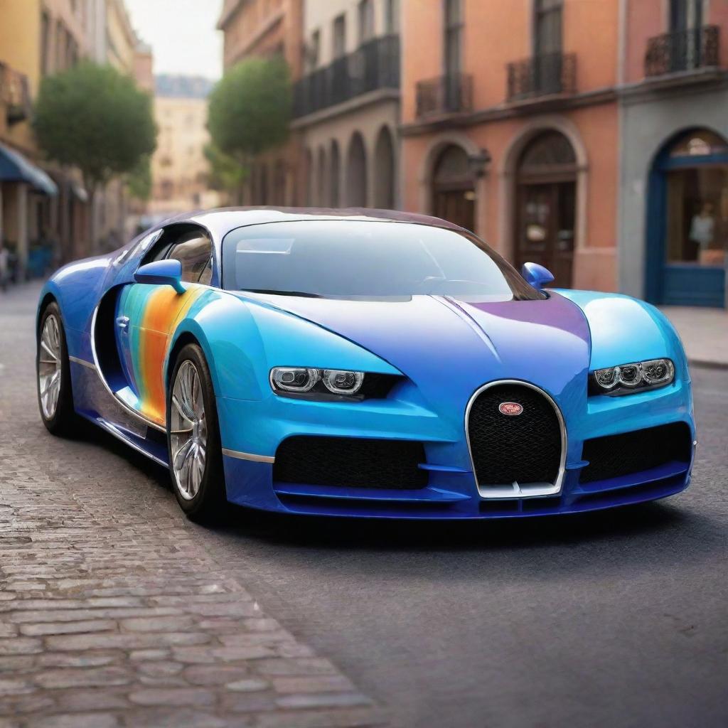 A Bugatti car in Pixar animation style, full of vibrant colors and exaggerated playful features, while still being clearly recognizable as a Bugatti.