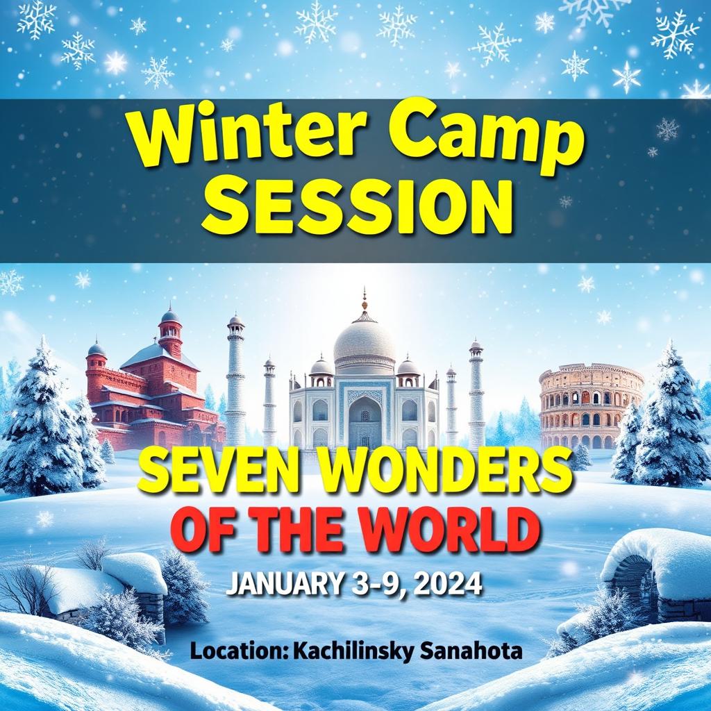 A vibrant and inviting poster for a winter camp session themed "Seven Wonders of the World