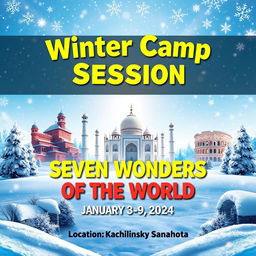 A vibrant and inviting poster for a winter camp session themed "Seven Wonders of the World