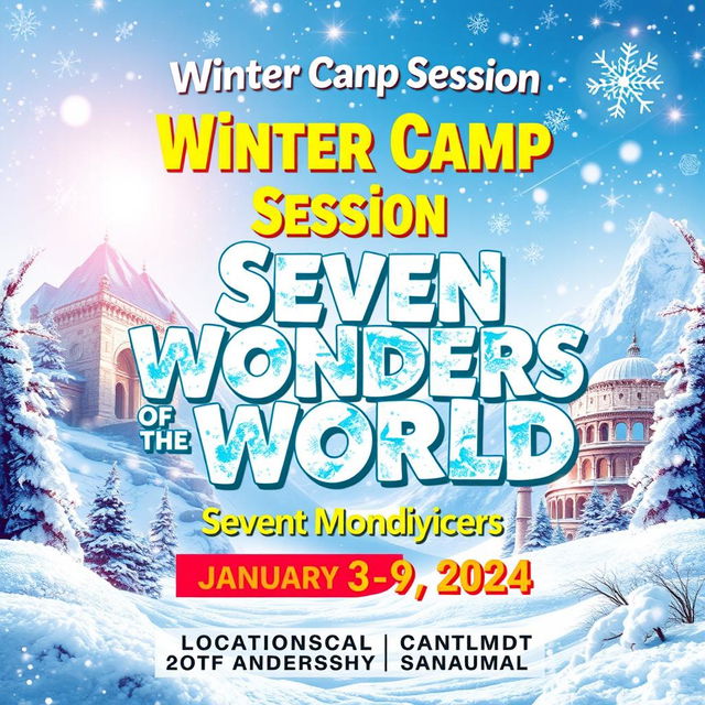 A vibrant and inviting poster for a winter camp session themed "Seven Wonders of the World