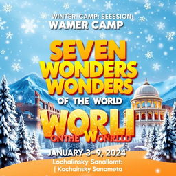 A vibrant and inviting poster for a winter camp session themed "Seven Wonders of the World