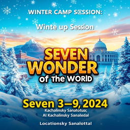 A vibrant and inviting poster for a winter camp session themed "Seven Wonders of the World