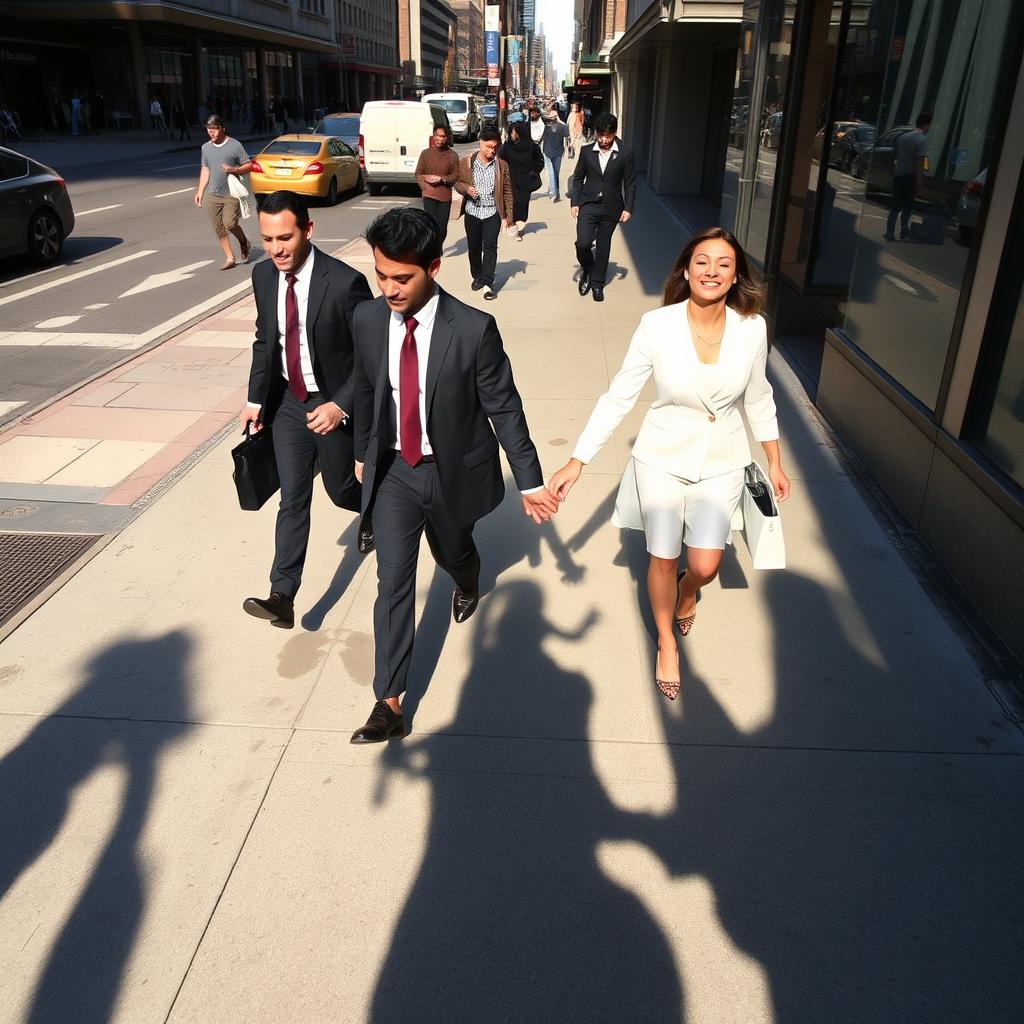 A man and his friend walking to work while a woman and her friend are laughing coming back from work