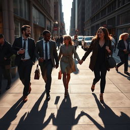 A man and his friend walking to work while a woman and her friend are laughing coming back from work