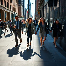 A man and his friend walking to work while a woman and her friend are laughing coming back from work