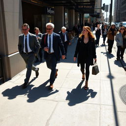 A man and his friend walking to work while a woman and her friend are laughing coming back from work