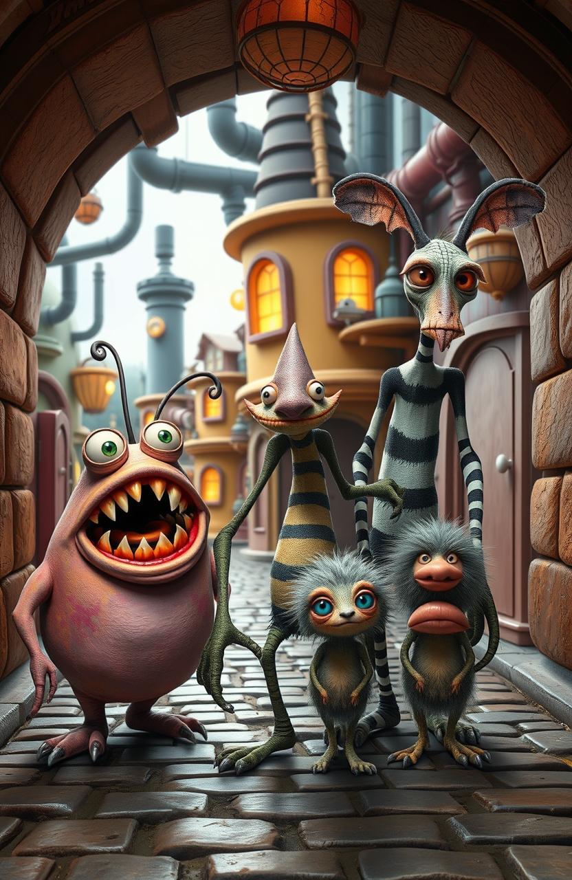 A group of three quirky, colorful monsters with unique appearances, set in an underground monster city