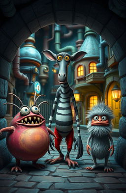 A group of three quirky, colorful monsters with unique appearances, set in an underground monster city