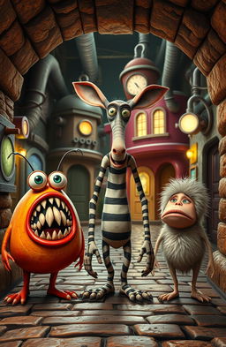 A group of three quirky, colorful monsters with unique appearances, set in an underground monster city