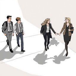 An illustration of a man and his friend walking to work while a woman and her friend are laughing coming back from work