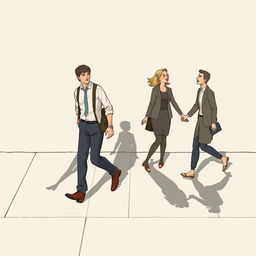 An illustration of a man and his friend walking to work while a woman and her friend are laughing coming back from work