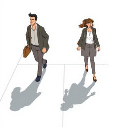 An illustration of a man and his friend walking to work while a woman and her friend are laughing coming back from work