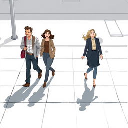 An illustration of a man and his friend walking to work while a woman and her friend are laughing coming back from work