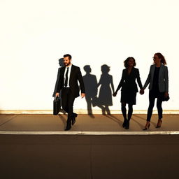 A man and his friend walking to work while a woman and her friend are laughing coming back from work