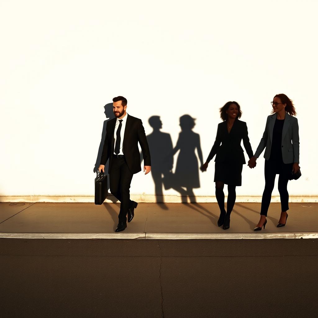 A man and his friend walking to work while a woman and her friend are laughing coming back from work