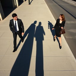 A man and his friend walking to work while a woman and her friend are laughing coming back from work