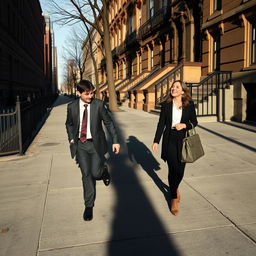 A man walking to work and a woman laughing as she comes back from work, with their shadows on the sidewalk holding hands