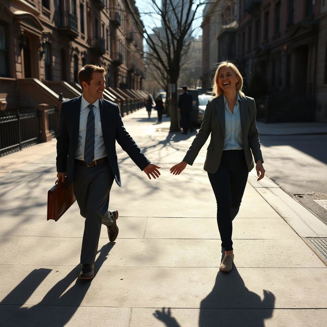 A man walking to work and a woman laughing as she comes back from work, with their shadows on the sidewalk holding hands