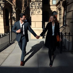 A man walking to work and a woman laughing as she comes back from work, with their shadows on the sidewalk holding hands