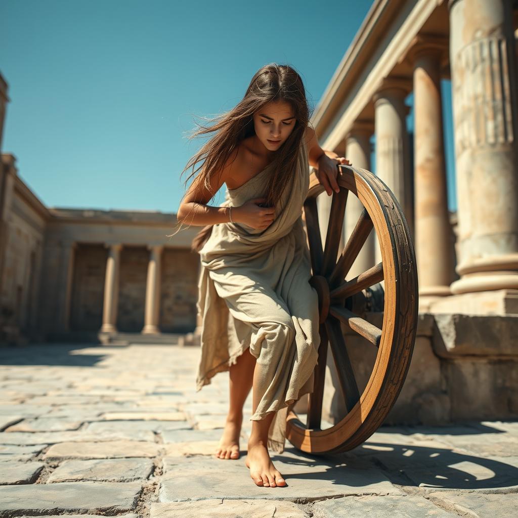 A young woman depicted as a Roman slave in ancient times, struggling as she turns a large mill wheel in a courtyard