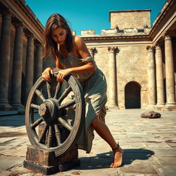 A young woman depicted as a Roman slave in ancient times, struggling as she turns a large mill wheel in a courtyard