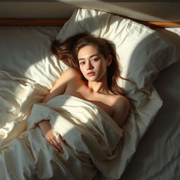 A young woman lying on the bed, wrapped in a soft, silky bedsheet, with gentle light casting soft shadows, creating a comfortable and serene mood