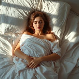 A young woman lying on the bed, wrapped in a soft, silky bedsheet, with gentle light casting soft shadows, creating a comfortable and serene mood