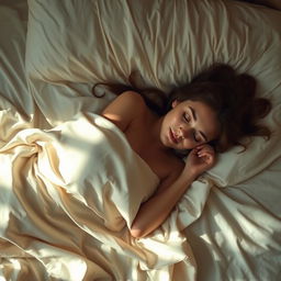 A young woman lying on the bed, wrapped in a soft, silky bedsheet, with gentle light casting soft shadows, creating a comfortable and serene mood