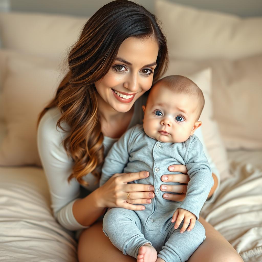 A smiling woman with long, wavy hair and soft makeup sits on a beige bedspread, gently holding a baby