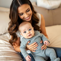 A smiling woman with long, wavy hair and soft makeup sits on a beige bedspread, gently holding a baby