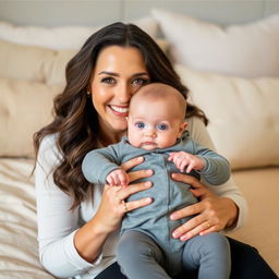 A smiling woman with long, wavy hair and soft makeup sits on a beige bedspread, gently holding a baby