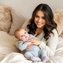 A smiling woman with long, wavy hair and soft makeup sits on a beige bedspread, gently holding a baby