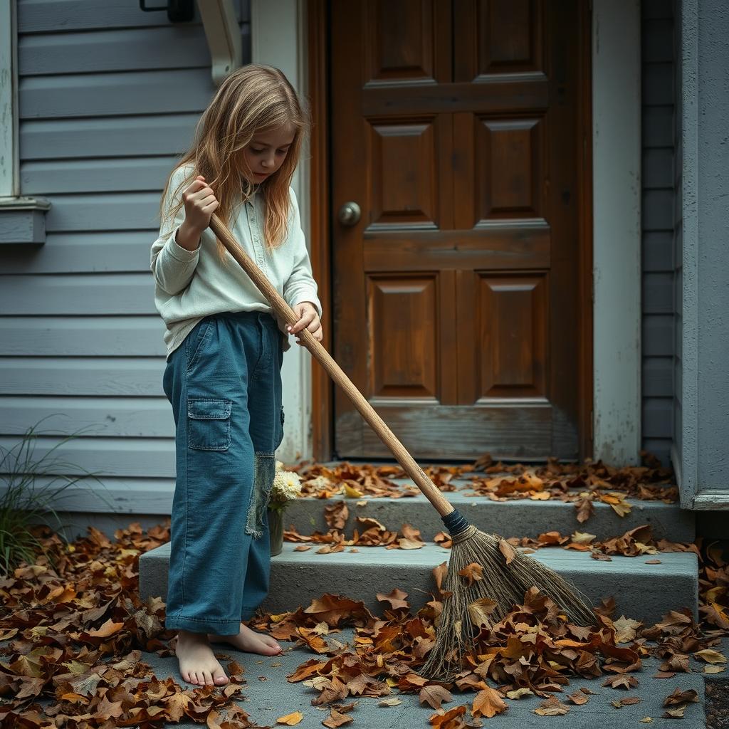 A 28-year-old girl sweeping leaves in front of a house door