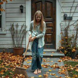 A 28-year-old girl sweeping leaves in front of a house door