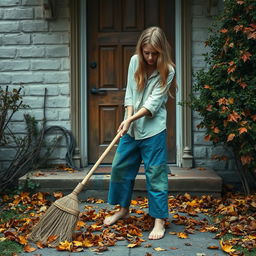 A 28-year-old girl sweeping leaves in front of a house door