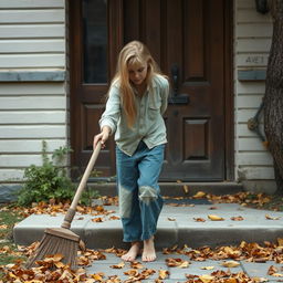 A 28-year-old girl sweeping leaves in front of a house door