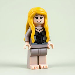 A Lego minifigure depicting a girl with long, bright blonde hair, wearing a gray dress with a black corset, and bare feet