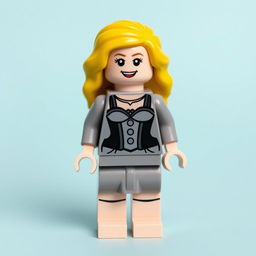 A Lego minifigure depicting a girl with long, bright blonde hair, wearing a gray dress with a black corset, and bare feet